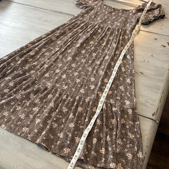 Neuflora Tan Cream Floral Dress Smocking Prairie Cottage Core Sz M Milk Maid - Picture 5 of 8
